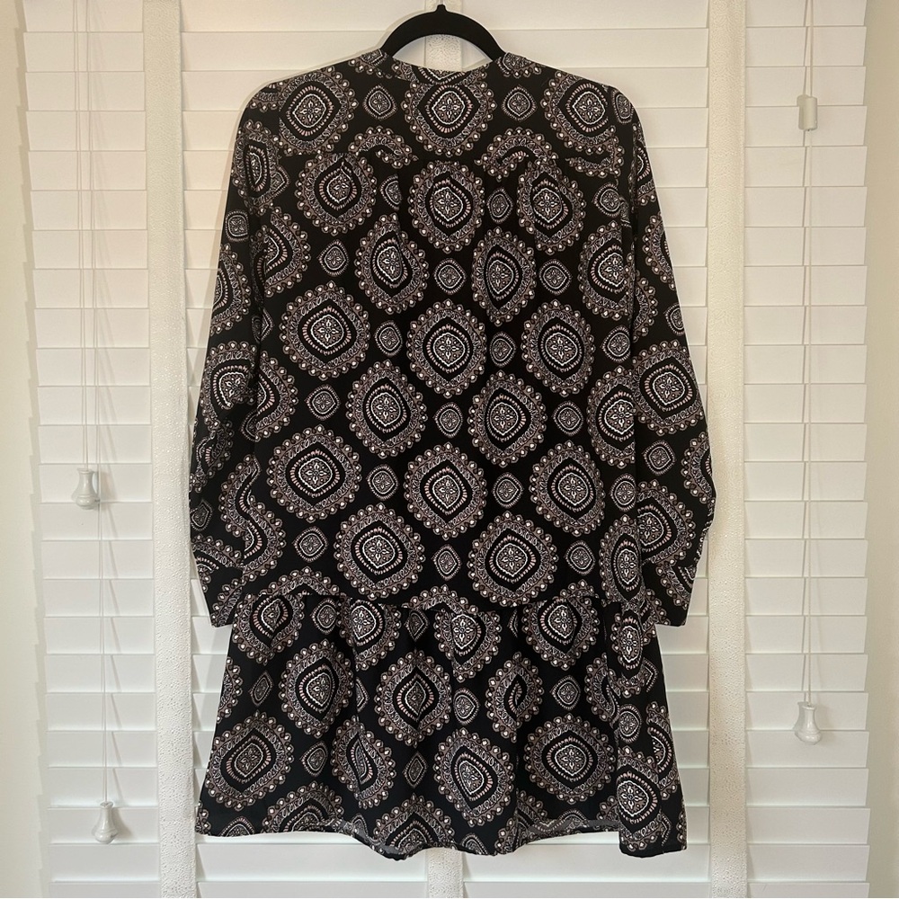 LOFT Dress Mini Long Sleeve Black Brown Paisley Shift Drop Waist XS - Picture 5 of 6